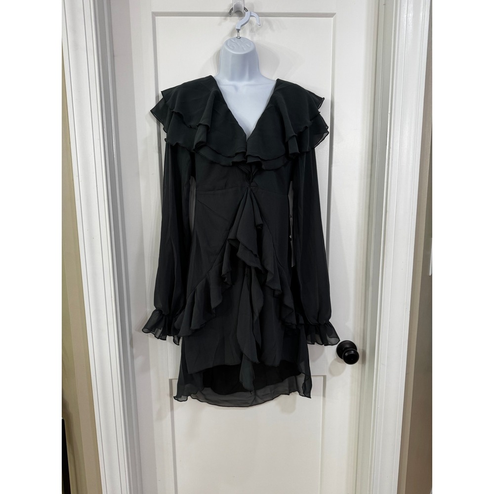 Joyfolie Elide Dress Charcoal Grey Ruffle V-Neck Strappy Back Mini Size S NEW